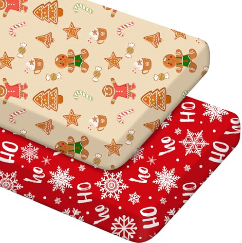 Mindsoft 2 Pcs Christmas Crib Sheets Snowflake Gingerbread Man Style for Baby Boys Girls 52 x 28 x 8 Inches Soft Breathable Christmas Fitted Nursery Sheet for Standard Crib and Toddler Mattresses