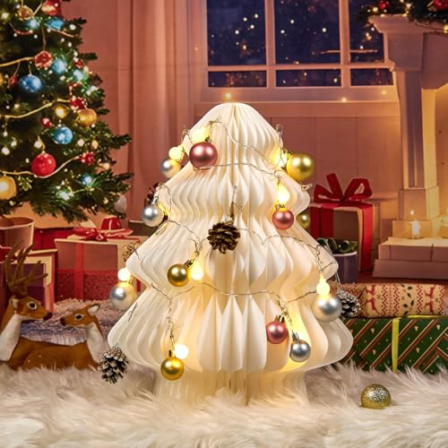 16 Inch Large Honeycomb Christmas Tree White Paper Christmas Tree 3D Xmas Table Decorations with LED String Warm Light Pine Cone Christmas Ornaments Balls for Window Fireplace Table Centerpiece