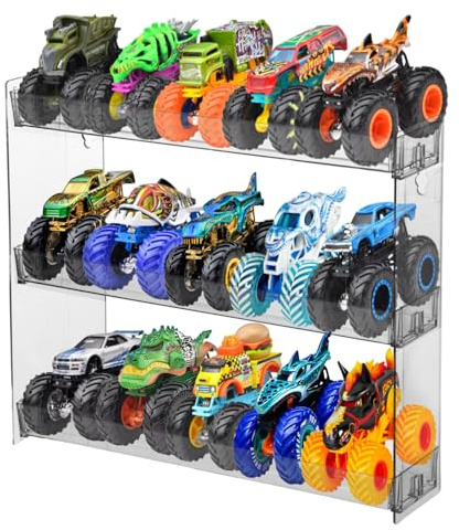 Rainmae Acrylic Monster Trucks Display Case Acrylic Transparent Monster Truck Organizers Storage Carrying Case Wall Mount 3 Tiers Toy Car Holder Shelf Rack for Hot Truck Wheels Matchbox Cars Room