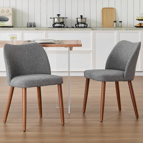 DAYALANE Esszimmerstühle 2er Set,Küchenstühle mit Holzbeinen, Grau | Polsterstuhl aus Leinen, Wohnzimmerstuhl mit gebogene Rückenlehne, Essstühle für Wohnzimmer Küche