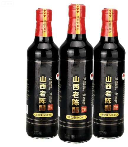 Lot de 3 Bouteilles de Vinaigre de Shanxi 500 Ml (16,9 Fl Oz), Vieilli 5 Ans, Fermentation Naturelle, Vinaigre de Riz Noir Chinois Ancestral et Affiné.