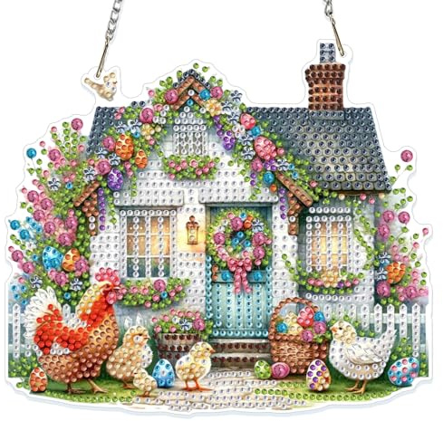 NAIMOER Haus Diamond Painting Fensterbilder Beidseitige, Diamond Painting Anhänger mit Kette, Ostern Thema Diamant Malerei Bilder Kristall Fensterbilder für Geschenk Wand Dekoration