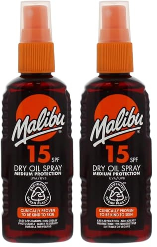 Malibu Sun SPF 15 Non-Greasy Dry Oil Spray for Tanning, Medium Protection, Water Resistant, 100ml (Pack of 2)