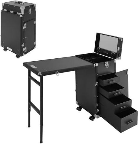 Kosmetik Trolley mit Tisch und 4 Schubladen, Faltbar Mobile Rolling Maniküre Tisch, Professioneller Nagelkoffer mit 4 Rollen, für Heimtechniker, Spa, Schönheitssalon, Arbeitsplatz (Schwarz)