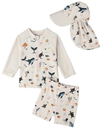 JiAmy Toddler Boys Rash Guard Swimsuit Set, Long Sleeve Swimwear with Sun Hat, Baby Boy Bathing Suit with Swim Trunks 6M to 4Y