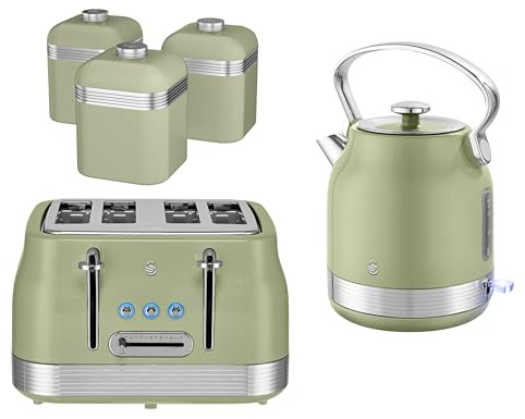 Swan Retro Revive Green Traditional Stovetop Design Electric Kettle, 4 Slice Toaster and Retro Tea, Coffee, Sugar Canisters. Matching Retro Kitchen Bundle Set in Vintage Green with Chrome Accents