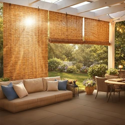 Stores enrouleurs en Bambou pour terrasse extérieure, Disponibles en largeurs de 80 à 160 cm, filtrant la lumière grâce à Leur Fibre Naturelle. Stores rétro en Bambou(150 x 160CM)
