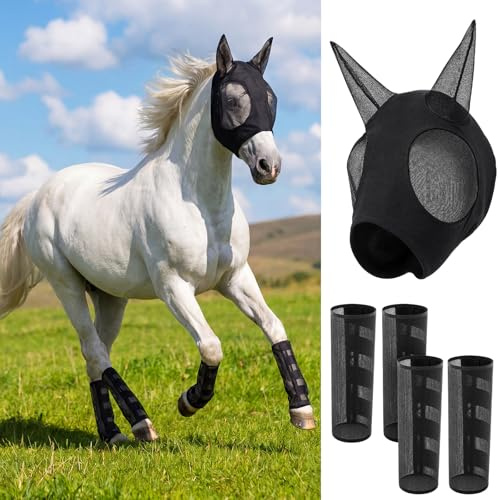 Hsei Mule Masque anti-mouches pour cheval avec bottes anti-mouches et oreilles - Masque respirant pour poney - Accessoires pour poney miniature, poulain - Cob arabe - Âne de la ferme - Taille S