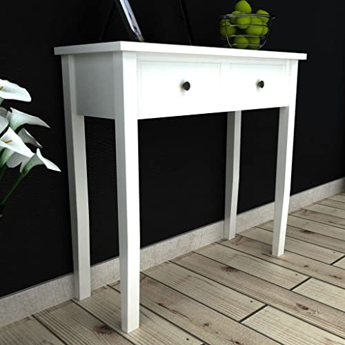 Kaloriko Coiffeuse console blanche en MDF et pin avec deux tiroirs 79 x 30 x 74 cm peu encombrante pour salon, chambre à coucher, couloir, moderne et fonctionnelle