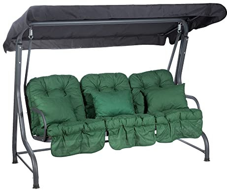 Alfresia Roma 3-Seater Garden Swing Seat - Outdoor Patio Swing Chair with Adjustable Waterproof Canopy and Classic Cushions, Charcoal Canopy and Frame, Green Classic Cushions