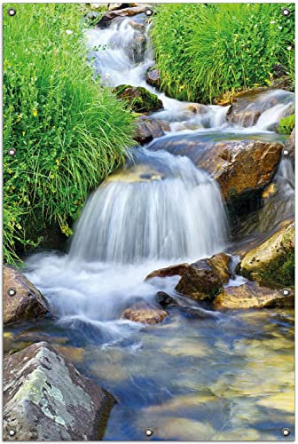 Wallario Outdoor-Poster für Garten oder Balkon Kleiner Bach über Steine, Motivbanner Größe: ca. 100 x 150 cm, Outdoor-Bild