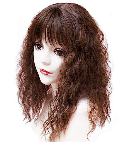 Crown Topper Haarteile mit Pony für Frauen, Clip On Curly Wavy Synthetic Top Wiglet Hairpieces for Thinning Hair (50,8 cm Thin Light Brown)