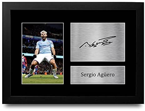 HWC Trading Sergio Aguero A4 Enmarcado Regalo De Visualización De Fotos De Impresión De Imagen Impresa Autógrafo Firmado Por Manchester City Los Aficionados Al Fútbol