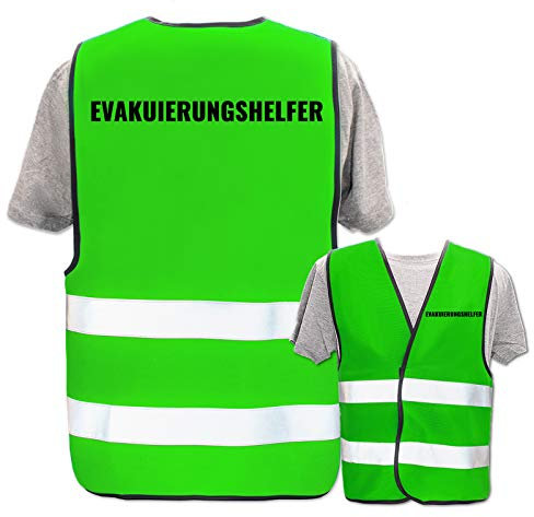 Bedruckte Warnwesten mit ISO-Leuchtstreifen * Standard- oder Reflex-Druck * Erste Hilfe und Brandschutz, Begriff:Evakuierungshelfer, Farbe + Größe:Neon Grün (M/L)