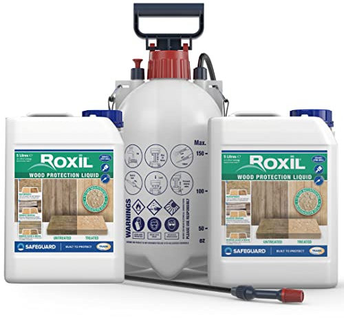 Roxil Legno Impermeabilizzante Liquido Protettivo 2x5L & Spruzzatore - Trattamento Legno Esterno, Impregnante Trasparente per Legno, Protezione 10 Anni