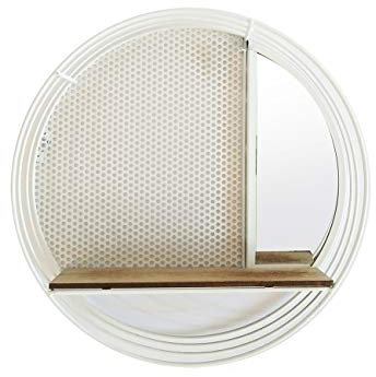 Etagère Murale Ronde en métal Blanc avec Miroir et Tablette en Bois - Design Industriel Factory - Lune