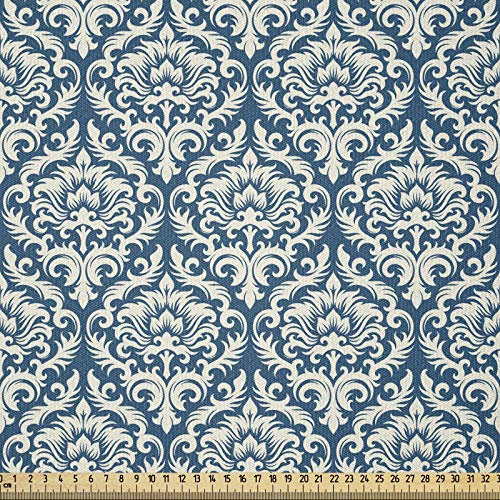 ABAKUHAUS Damast Stoff als Meterware, Blaues Blumenmuster, ausdehnbar mit Elestan für Heimwerkarbeiten und Näharbeiten, 2Meters, Blau Weiß
