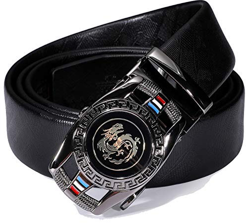 Barry.Wang Ceinture à cliquet en cuir véritable avec boucle automatique - Coffret cadeau tendance pour homme, Dragon Black New, 44/51W x 59L