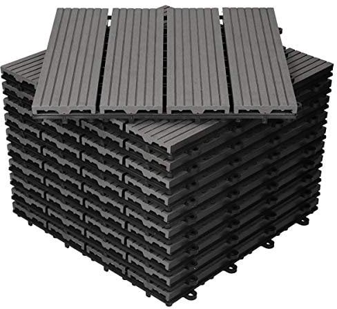 ECD Germany Piastrelle per Pavimenti da Esterno Piastrelle per Terrazze in WPC 30x30 cm Set di 11 Pezzi per 1m ² Antracite con Aspetto Legno Piastrelle da Giardino con Drenaggio e Sistema Plug-in
