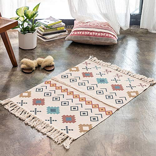 JQDZX Baumwolle Teppich mit Quaste, Handgewebte Baumwollteppich Küchenmatte Bereich, für Küche, Wohnzimmer, Schlafzimmer, Waschküche, rutschfest teppich (X,60 * 130)