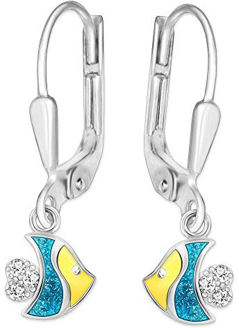 CLEVER SCHMUCK Silberne Mädchen Ohrringe tropischer Fisch 7 x 7 mm gelb lackiert glänzend mit Glitzerflosse türkis Sterling Silber 925 für Kinder im Schmucketui