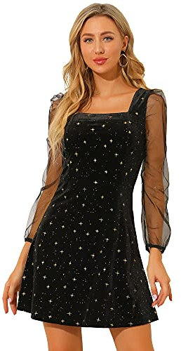 Allegra K Women's Halloween Costume Mesh Sheer Puff Long Sleeve Square Neck Glitter Star Mini Velvet Dress Black 16
