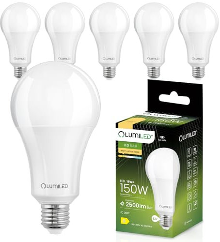 Lumiled A80 E27 LED Lampe, 18W (ersetzt 150W), 2500 Lumen Leuchtmittel, 3000K Warmweiß Birnen Lampen, Nicht Dimmbar, 260° Grad Strahlwinkel Glühbirne 6er-Pack Energiesparlampe Tropfen
