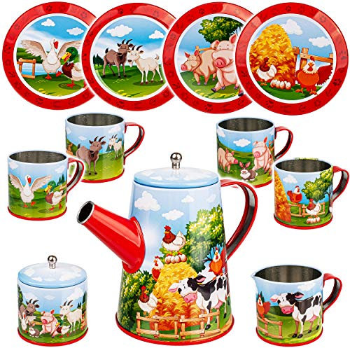 alles-meine.de GmbH 13 TLG. Set Puppengeschirr/Teeservice & Kaffeeservice - Bauernhof Tiere - Geschirr aus Blech - Metall - Blechgeschirr - Kinderküche - Picknickset Puppenkü..