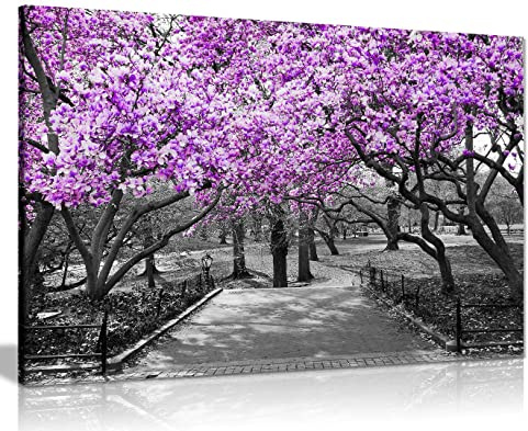Purple Floral Canvas Wall Art Large 36x24 Inch, Ready to Hang Framed Print | Grey and Purple Blossom Pictures for Living Room, Bedroom - Stretched on Pine Frame, Gallery Wrapped by Panther Print