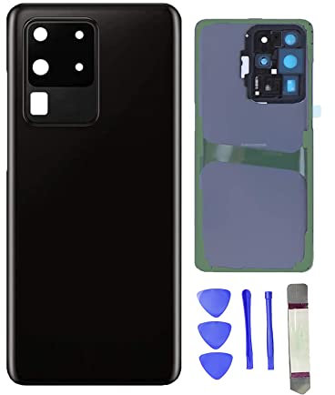 Akkudeckel für Samsung Galaxy S20 Ultra SM-G998B Rückseite Glas Deckel mit Akkufachdeckel Reparatursatz, Kamera Glaslinse und vorinstalliertem Klebeband+Werkzeug (Phantom Schwarz)