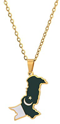 YUANYIRAN Pakistan Karte Form Anhänger Halskette – Ethnischer Stil Vintage Tropf Männer Und Frauen Paar Schlüsselbeinkette Patriotische Flagge Hip Hop Charm Schmuck Für Unisex Geschenk,Gold,50Cm/