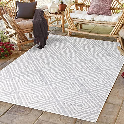 payé Outdoor Teppich Wetterfest - 240x340cm - Grau Weiß - Vintage Raute - Teppiche für Terrasse Balkon Garten Indoor