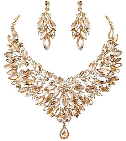 Clearine Braut Schmuck-Set Marquise-Kristall-Strass-Cluster-Statement-Halskette und baumelnden Ohrringe set für Damen Hochzeit Party Champagner-Gold-Ton