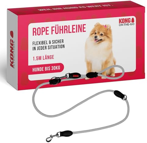 KONG Hundeleine in Grau I Dreifach verstellbar I Hochwertige Doppelleine I Laufleine mit robusten Karabinerhaken I Reflektierende Leine für Hunde I Führleine I Länge 1,5 m I Breite 10 mm Größe M