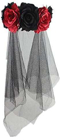 Damen Haarreif Blumenkranz Rosa mit Schleier Halloween Stirnband Tag der Toten Mexiko Brautschmuck Geist Gothic Blumengirlande Vintage Zubehör Halloween Verkleidung Hochzeit