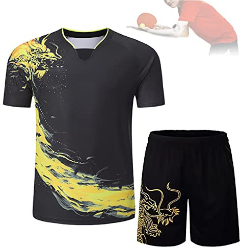 Bias&Belief Dragon Tischtennis Trikots Set Damen/Herren,Badminton Sets Pingpong Kinder Sportbekleidung Training Jersey T-Shirt Shorts Kleidung,Tischtennis Set,2XL,Black