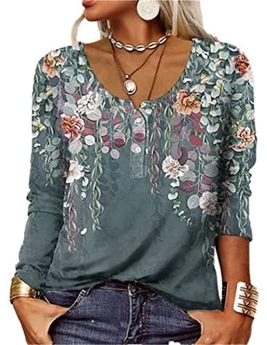 GRMLRPT T-Shirt col V Blouses à Manches Longues pour Femmes Imprimé Tunique Tops Lâche Chemisier T-Shirts pour Femmes Sweat-Shirt Tuniques Basiques Haut Automne(Vert,M)