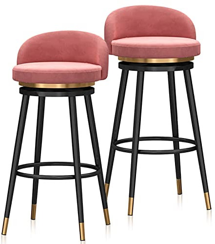 Knjlwa 2er Set Barhocker Tresenhocker aus Samt und Metall, Küchenstühle mit Rückenlehne Fußstütze Bistrohocker für Wohnzimmer oder Küche Esszimmer 65cm Rosa