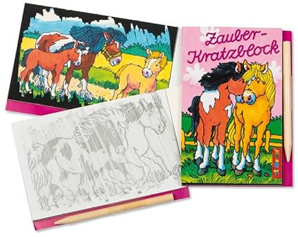 6 Kratz- und Rubbelbilder plus Kratzstift für Kinder als Mitgebsel, Geschenk und Spiel | Feuerwehr Ponys Zootiere Waldtiere | Kindergeburtstag Geburtstag Malbuch Malbücher, Edition: Ponys & Pferde