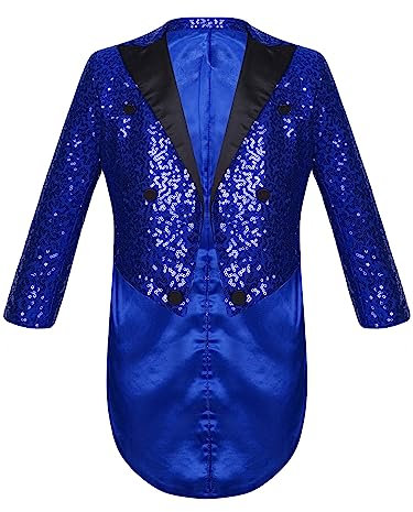 winying Jungen Glänzende Pailletten Smoking Jacke Anzug Funkelnde Frack Blazer Langarm Revers Glitzer Strickjacke für Party Fasching Mottoparty Blau 110-116