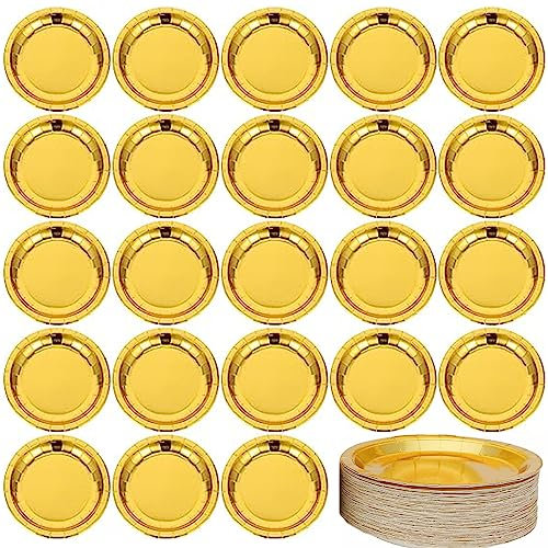 50 Piezas Vajilla Papel Cumpleaños Dorada, Juego Dorado Vajilla Fiesta 7 Pulgadas, Vajilla Fiesta Cumpleaños Platos Papel Dorado, Para Vajilla Fiestas, Bodas, Aniversarios, Cumpleaños (7 Pulgadas).