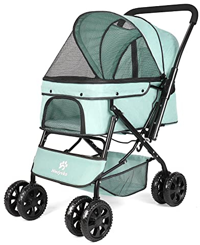 Haustier-Kinderwagen für Hunde und Katzen - Leicht zu Gehender 360 Grad Drehbarer Wagen mit Wendbarem Griff und Netzfenster (Blaugrün)