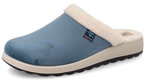 Fly Flot | Bio Style Woman, Pantofole Donna con Bordo in Ecopelliccia, Ciabatta con Tomaia in Velluto, Sottopiede in Microfibra Antishock, Avio, 38
