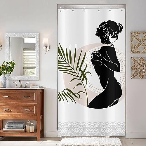 ASDCXZ Rideau de Douche Boho 90x180 cm, Art Abstrait Moderne Fille Feuilles Vertes Blanche Minces Lavables avec Oeillets Rideau Douche imperméable en Textile pour Baignoire avec 6 Crochets
