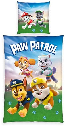 Herding Bettwäsche Paw Patrol, Kopfkissenbezug 80 x 80 cm mit Wende-Motiv, Bettbezug 135 x 200 cm, Mit Knopfleiste, 100% Baumwolle