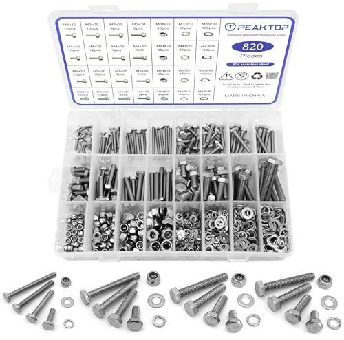 820PCS M3/M4/M5/M6 Nut And Bolt Sets, 304 Stainless Steel Hex Bolts Nuts Washers, Bolts and Nuts Assortment for Bicycle Motorcycle Machine Repair Fastening Accessories