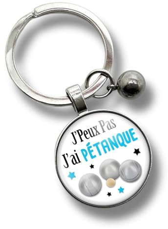 Porte-clés « J'peux pas, j'ai pétanque » avec cabochon et breloque boule – cadeau idéal pour joueur de pétanque - création