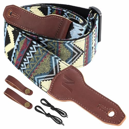 Nefelibata Banjo-Gurt, 2 breit, Vollnarbenleder Jacquard bestickt, verstellbarer Ersatz, Gitarrengurt mit Kopfplatten-Seil und Leder-Stirnband (Bohemian-Viereckig)