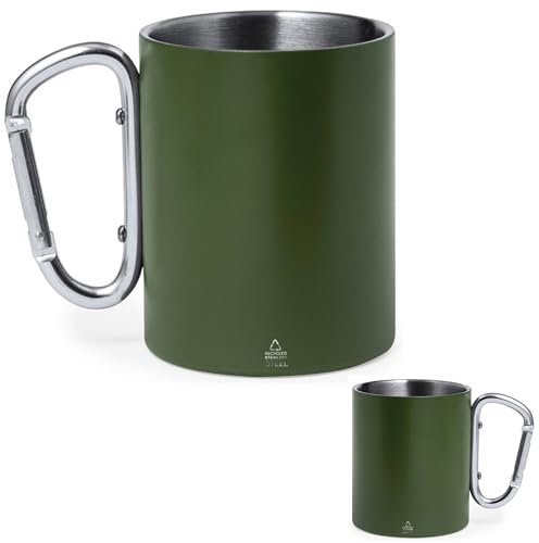 noTrash2003 Set di 2 tazze termiche a doppia parete, in acciaio inox, 300 ml, in acciaio inox riciclato, con moschettone, fissaggio allo zaino, campeggio, escursionismo all'aperto, colore verde