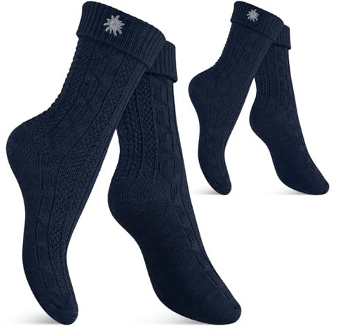 Celodoro Damen und Herren Trachten Socken (2 Paar) mit Edelweiß-Pin Oktoberfest Strümpfe - Marine 35-38